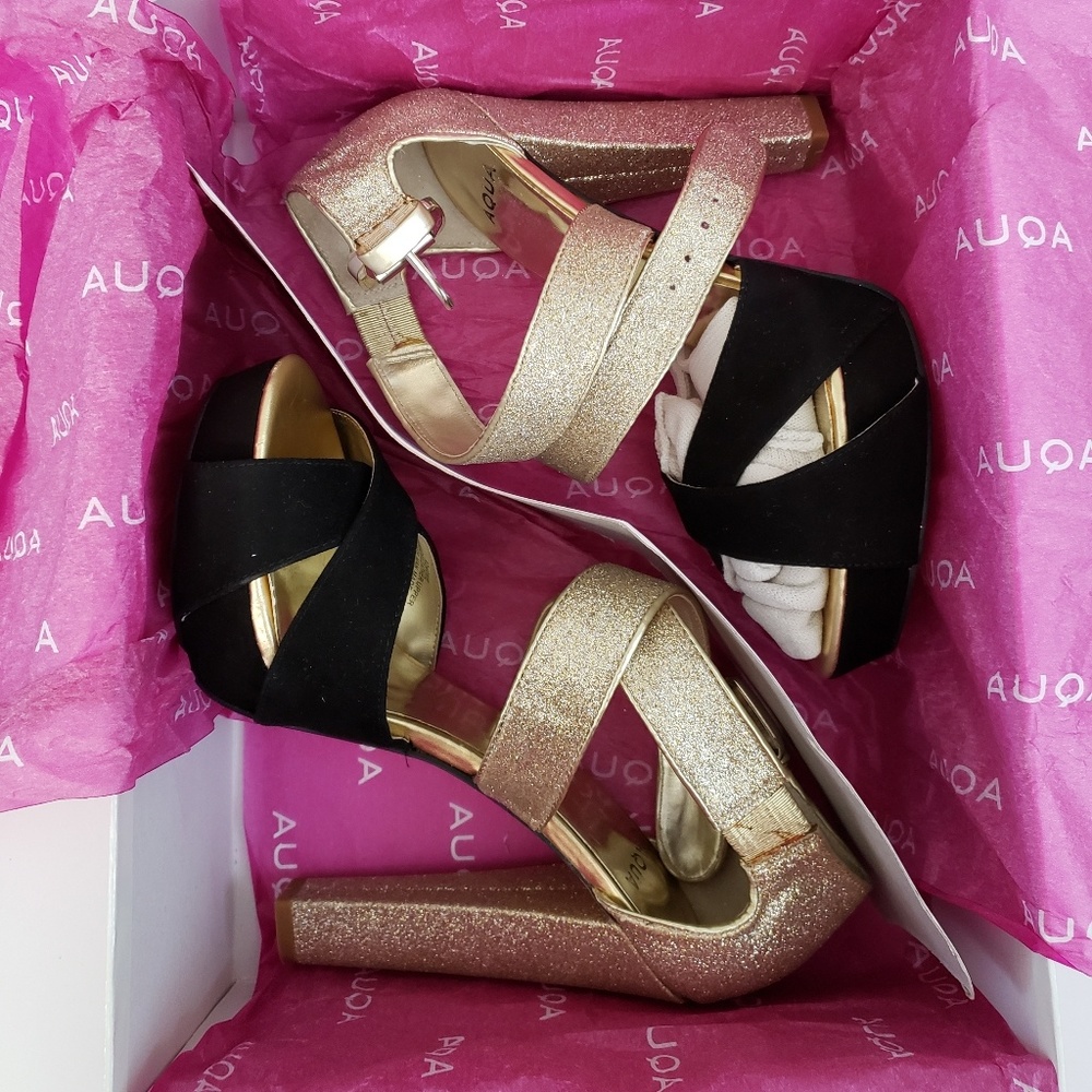 Aqua Moxie Black Gold Glitter Heels
